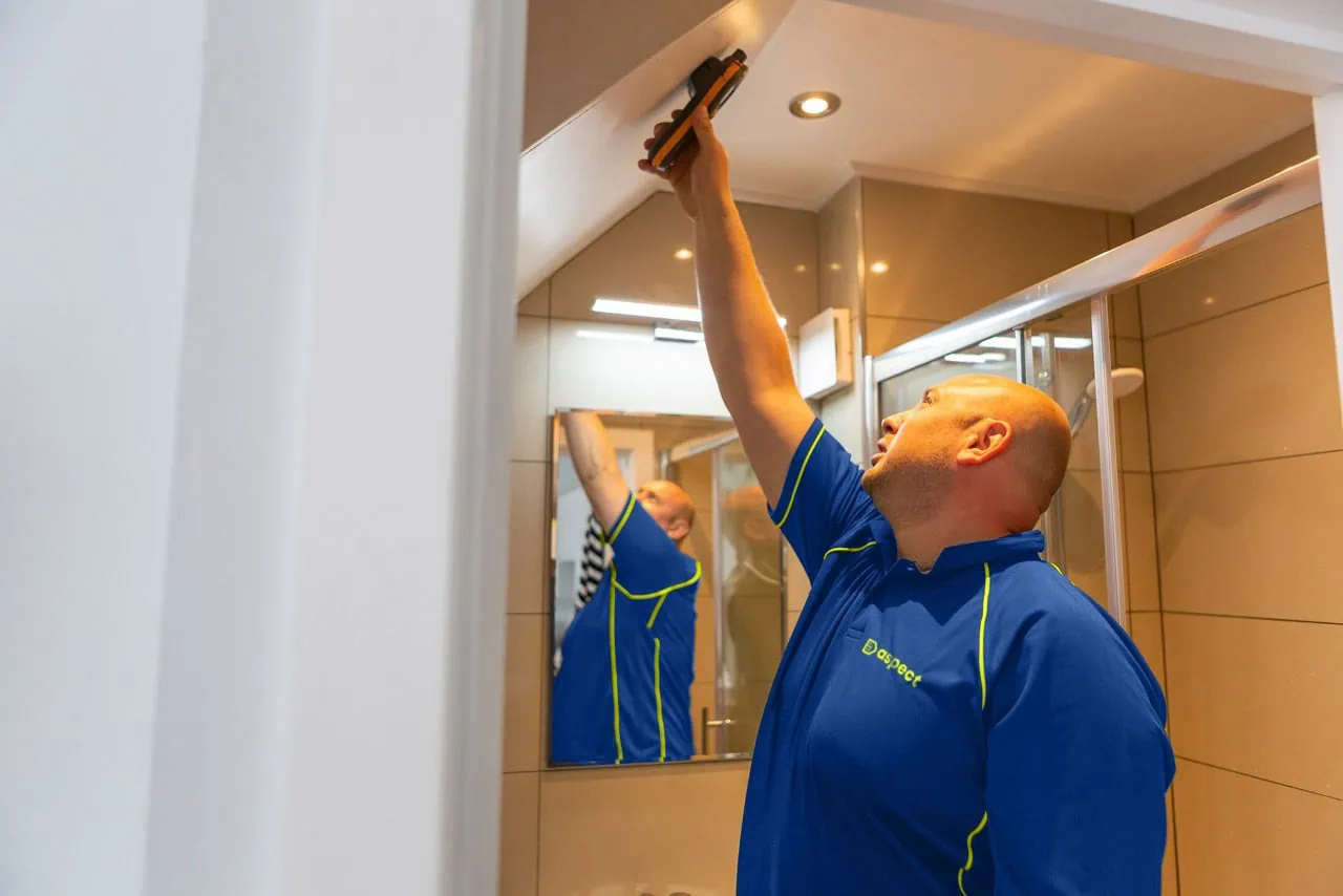 Damp specialist performing a damp survey in a bathroom without a window.